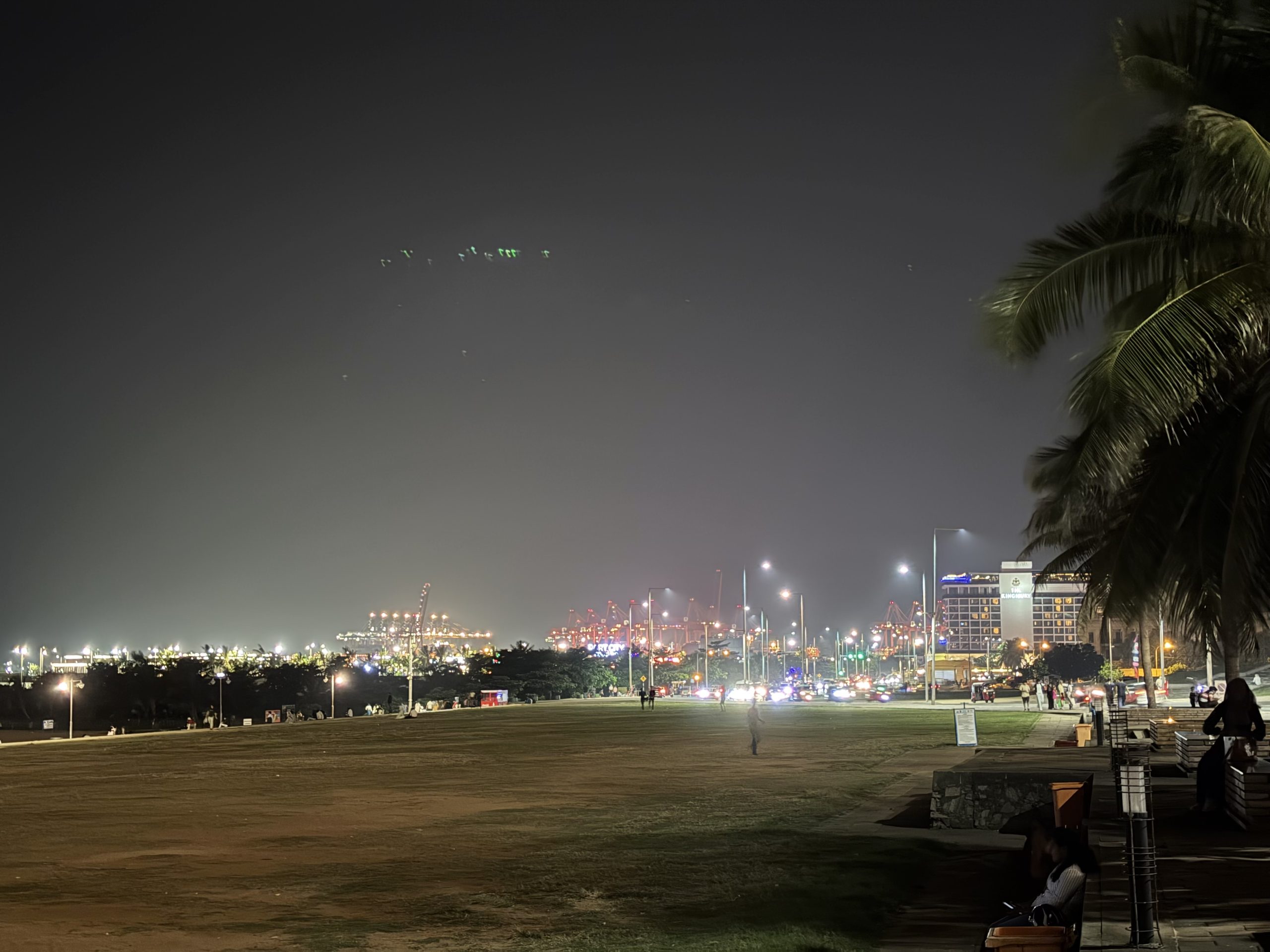 galle Face green, colombo Sri Lanka at night. With view of Port City in the background