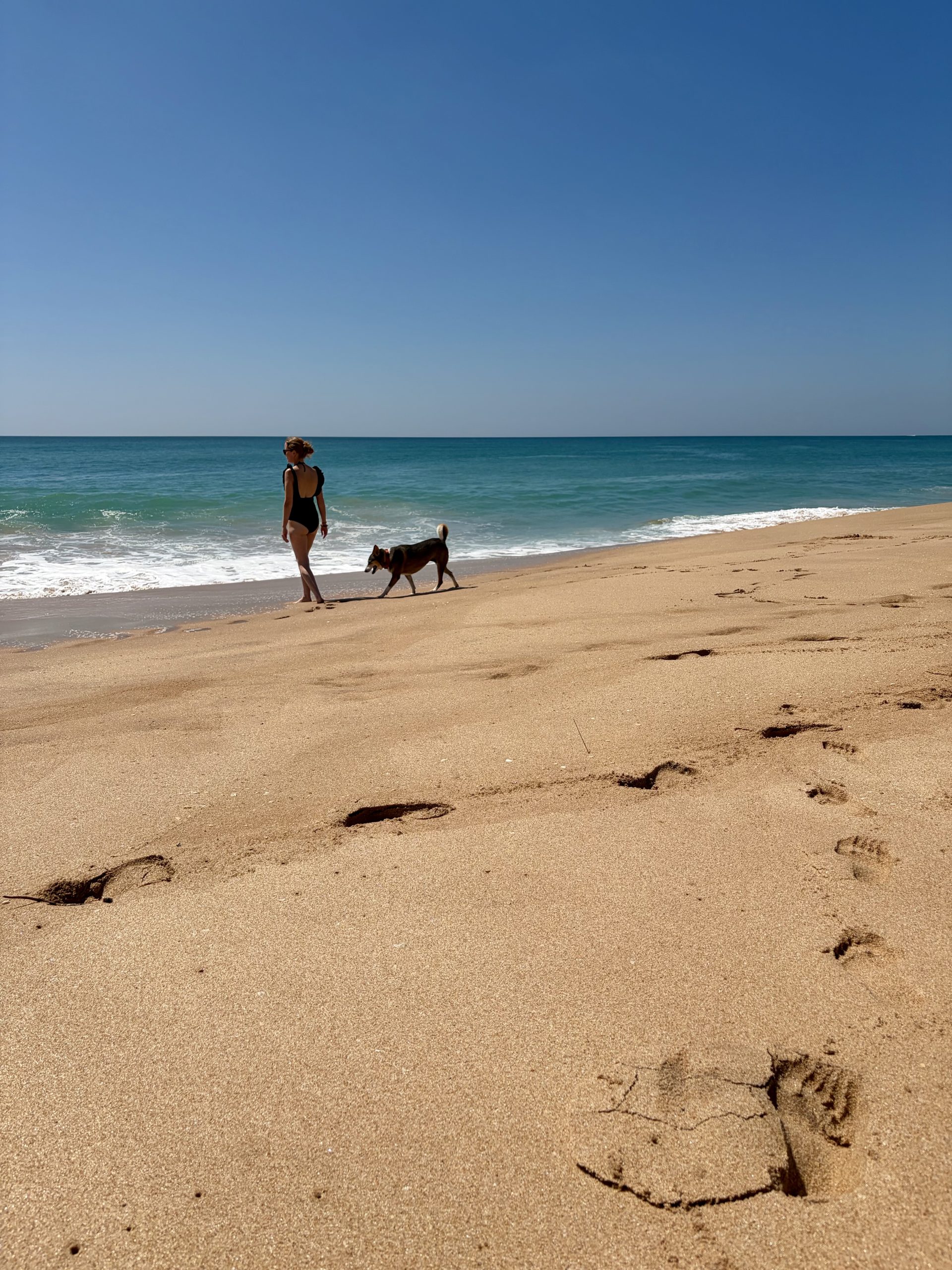 Female playing with dog on hidden beach in Rekawa Sri Lanka.